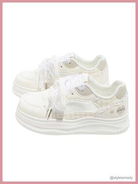 Cute Bow Platform Sneakers Women Casual Walking Shoes Lace Ribbon Detail Soft